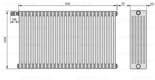 Схема (чертеж) Радиатор Zehnder Charleston 6220/27 №V011 Белый глянцевый RAL 9016